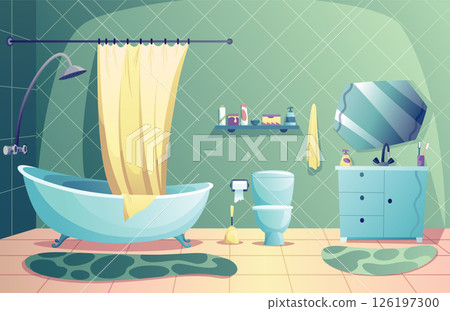 Cartoon bathroom interior with tub and curtain, toilet, mirror and washbasin. Bath time in flat style design template. Vector illustration for website, print, poster 126197300