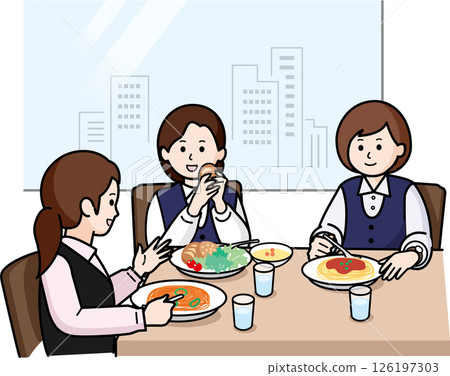 午餐時間：三名身著制服的女工作人員 126197303