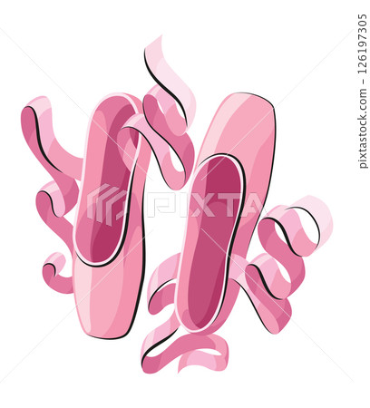 Ballet accessorie. Pink pair of pointe-shoes with satin or silk ribbon. Vector hand drawn sketch style object 126197305