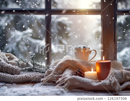 Still life with winter items: candles, throws, a cup of hot chocolate against a snowy window 126197306