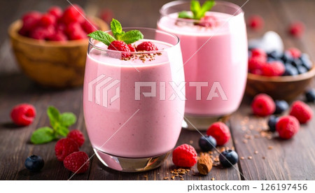 Pink smoothie with flax seeds and berries in a beautifully decorated glass. 126197456