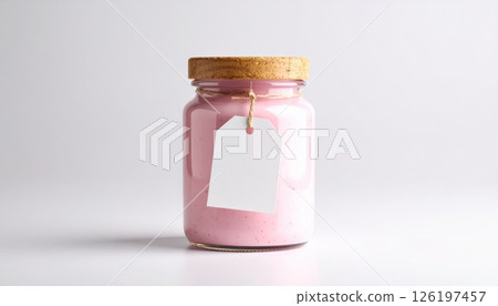 Pink jar with lid and blank label Pink jar with lid and blank label 126197457