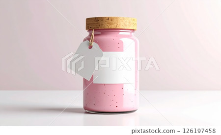 Pink jar with lid and blank label Pink jar with lid and blank label 126197458