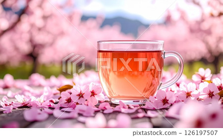 Pink tea in a glass with cherry blossom petals next to the glass. 126197507