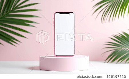 Telephone model on white stand with palm leaves Telephone model on white stand with palm leaves 126197510