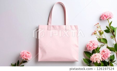 A pink mockup paper bag with pink flowers on a neutral background. A pink mockup paper bag with pink flowers on a neutral background. 126197524