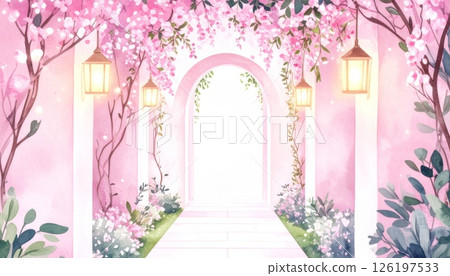 Pink water garden path at night with lighting Pink water garden path at night with lighting 126197533