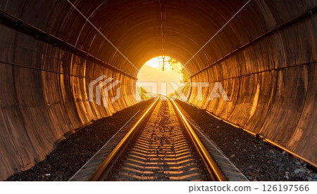 The railway tunnel near the end of the tunnel has sunset light 126197566