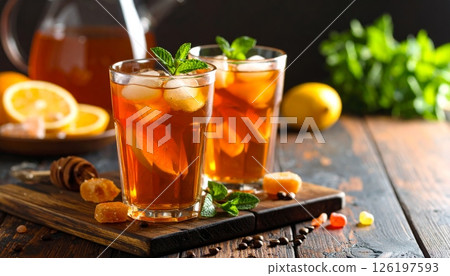 Refreshing iced tea with mint and candy is placed on the table. Refreshing iced tea with mint and candy is placed on the table. 126197593