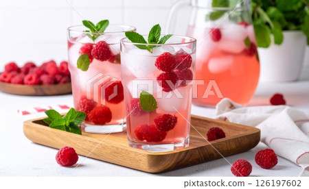 Refreshing raspberry detox water with ice in a glass placed on the table. Refreshing raspberry detox water with ice in a glass placed on the table. 126197602