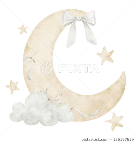 Watercolor illustration of a Crescent moon with bows, ribbons, and soft stars. A gentle and dreamy drawing with sky elements and ribbons for baby room decor, newborn invitations or nursery design. Watercolor illustration of a Crescent moon with bows, ribbons, and soft stars. A gentle and dreamy drawing with sky elements and ribbons for baby room decor, newborn invitations or nursery design. 126197639