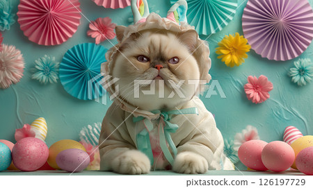 Cute fat English cat dressed in an adorable Easter costume among colorful decorations and eggs 126197729