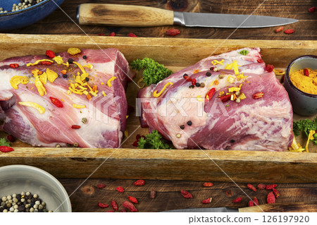 Raw meat mix, assortment of meat. 126197920
