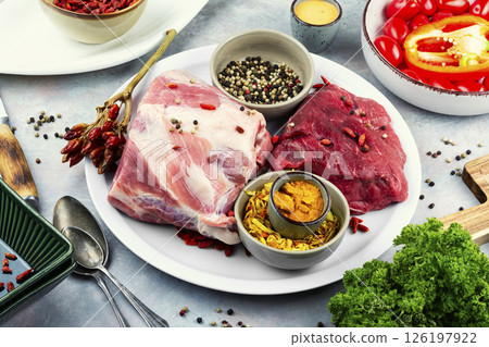 Raw meat mix, assortment of meat. 126197922