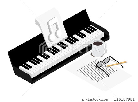 Isometric portable piano synthesizer, notebook with composer drafts and a cup of coffee on workspace of tired author. Realistic 3D vector concept isolated on white background Isometric portable piano synthesizer, notebook with composer drafts and a cup of coffee on workspace of tired author. Realistic 3D vector concept isolated on white background 126197991