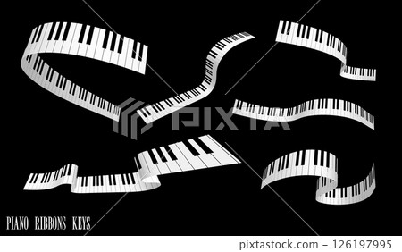 Set of piano keys ribbons. Musical black and white synthesizer keyboard tapes waving in wind. Design element. Vector on black background 126197995