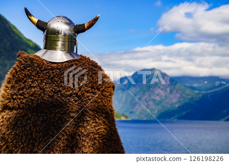 Viking warrior on fjord shore, Norway 126198226