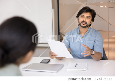 Indian HR manager interviewing female applicant in office Indian HR manager interviewing female applicant in office 126198248