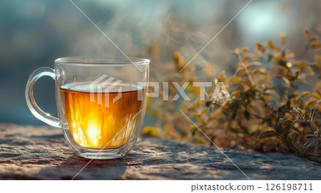 Warm cup of tea resting on a stone surface 126198711