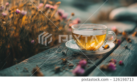 Cup of hot tea placed on a wooden surface 126198713
