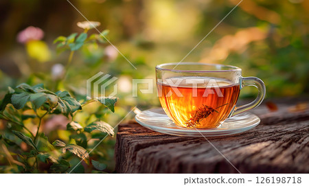 Warm cup of tea resting on a wooden stump 126198718