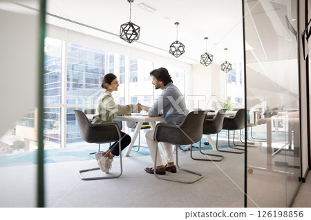 Two professionals finalize formal meeting in modern boardroom with handshake Two professionals finalize formal meeting in modern boardroom with handshake 126198856