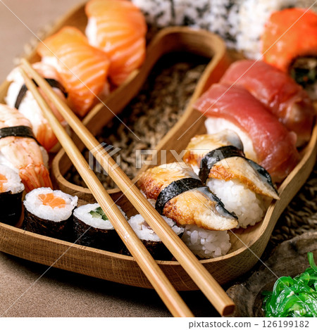 Japanese dish sushi and rolls rice with fish 126199182