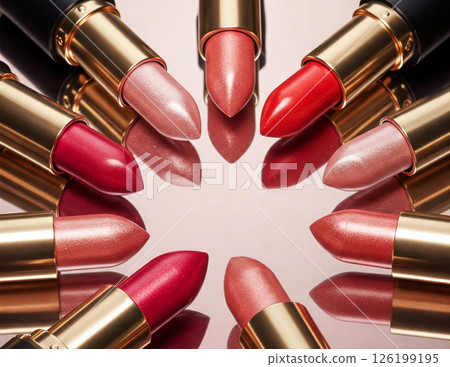 Stylish flat lay of luxury lipsticks in shimmering shades of pink, red, and coral arranged in a circular pattern on a glossy mirrored surface. Stylish flat lay of luxury lipsticks in shimmering shades of pink, red, and coral arranged in a circular pattern on a glossy mirrored surface. 126199195