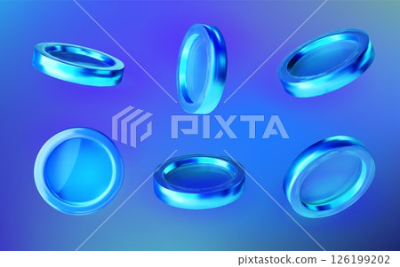 Coin 3D. Neon money. Blue icon. Falling cash currency. Holographic casino token. Bank game. Jackpot finance. Glossy metal chip view angles. Realistic wealth hologram. Vector exact profit elements set 126199202