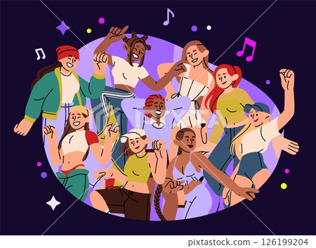 Happy group celebrating festival. Dancing people at birthday party. Young friends smiling in headphones. Music for joyful character. Cheerful guys and girls in bright clothes, vector illustration 126199204