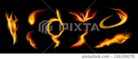 Effect of fire flame light. Sparks and burning element. Motion flare. Hot ignition heat. Warm smoke. Red glow ring. Orange circle blazing. Fiery inferno sparkle. Vector explosion bonfire shapes set 126199276