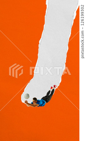 Volleyball player dives toward ball on ripped white trail over orange background. Paper collage style. Volleyball player dives toward ball on ripped white trail over orange background. Paper collage style. 126199302