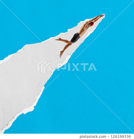 Male swimmer dives downward on a diagonal torn paper stripe against a blue background. Cutout textured collage Male swimmer dives downward on a diagonal torn paper stripe against a blue background. Cutout textured collage 126199336