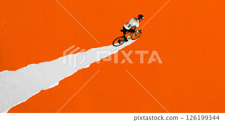 Male cyclist speeds forward on torn white road across vibrant orange background. Dynamic graphic design. Concept of sport, game, competition, endurance, road cycling 126199344