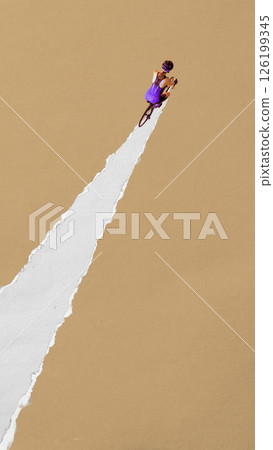 Female cyclist rides upward through torn white path on brown background. Contemporary paper cut style. Concept of sport, game, competition, movement, fitness 126199345