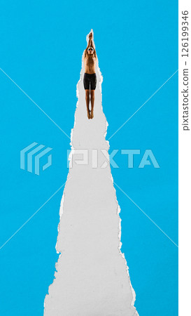 Focused swimmer jumps into torn paper space with streamlined arms and goggles on blue background. Contemporary collage. Concept of sport, game, competition, performance, strength Focused swimmer jumps into torn paper space with streamlined arms and goggles on blue background. Contemporary collage. Concept of sport, game, competition, performance, strength 126199346