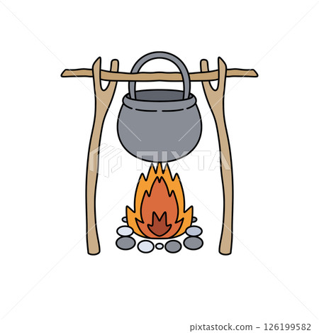 A cartoon drawing of a pot on a fire with a stick holding it 126199582