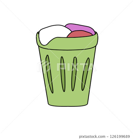 A green trash can with a white lid and a pink and purple object inside A green trash can with a white lid and a pink and purple object inside 126199689