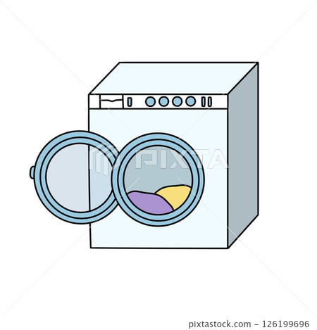 A cartoon drawing of a washing machine with the door open 126199696