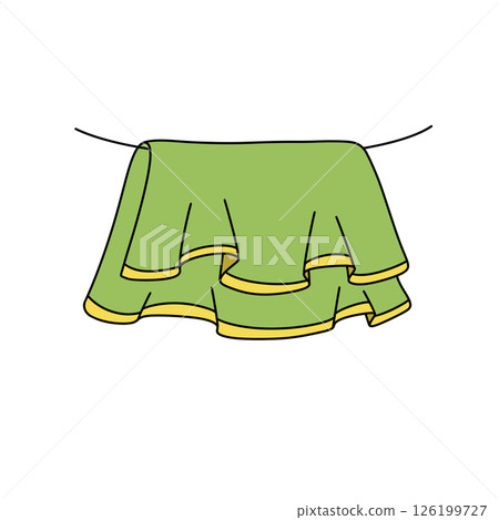 A green skirt with yellow trim hanging on a clothesline 126199727