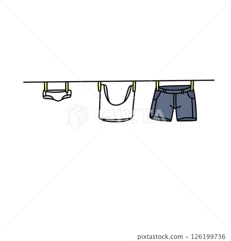 Three pieces of clothing are hanging on a clothesline Three pieces of clothing are hanging on a clothesline 126199736