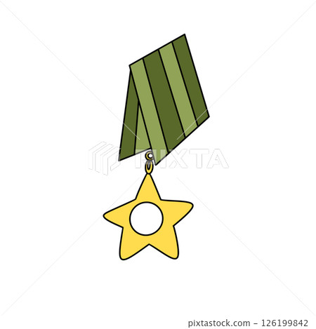 A yellow star with a hole in the middle is hanging from a green ribbon 126199842
