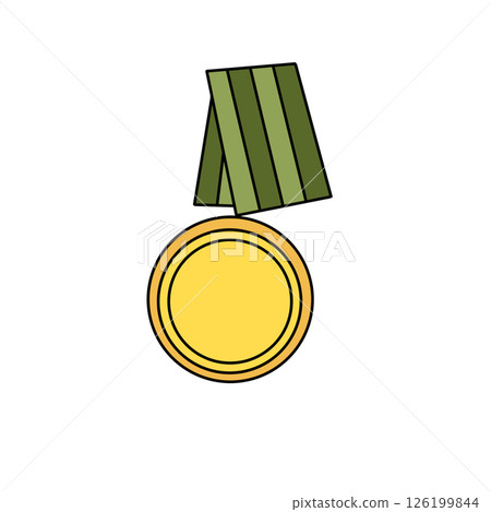 A gold coin with a green ribbon on top 126199844