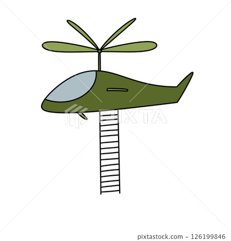 A green helicopter is on top of a ladder 126199846