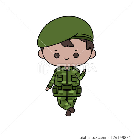 A cartoon soldier is standing with his hands on his hips and a smile on his face 126199885