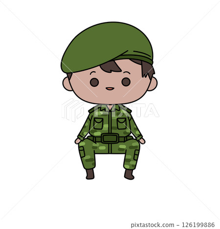 A cartoon soldier is sitting on a chair with a green uniform and a green hat A cartoon soldier is sitting on a chair with a green uniform and a green hat 126199886