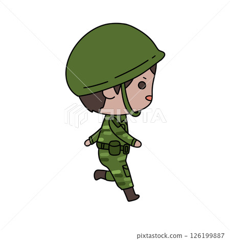 A cartoon soldier is walking in a green uniform 126199887