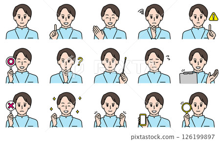 Illustration set of a male nurse wearing a white coat expressing emotions through facial expressions and poses 126199897