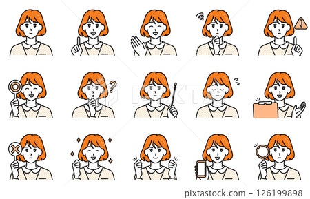 Illustration set of a female nurse wearing a white coat expressing emotions through facial expressions and poses 126199898