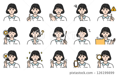 Illustration set of a female nurse wearing a white coat expressing emotions through facial expressions and poses 126199899